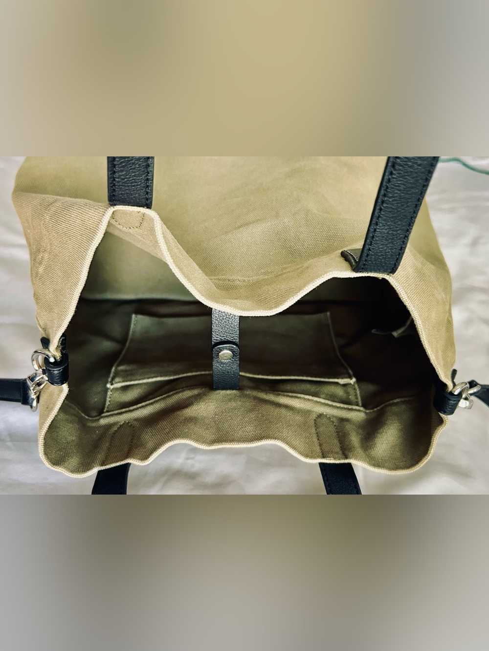 Banana Republic Army Green Canvas Tote with Black Faux Leather Straps - Picture 2 of 13